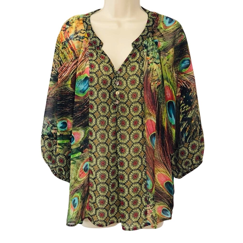 Figueroa & Flower Mandela and Peacock Feather Print Popover Blouse